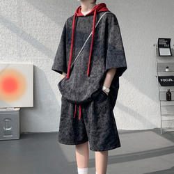 American-Style Color-Blocked Hooded Short-Sleeve T-Shirt Set for Men, Summer Thin Large-Size Fake Two-Piece Sweatshirt and Shorts Two-Piece Set