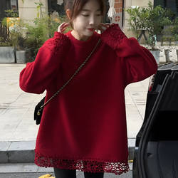 Versatile Red Lace-Trimmed Patchwork Sweatshirt Jacket for Women, New Casual Loose Fashion Base Shirt Top for Autumn and Winter