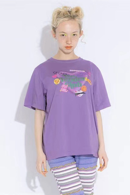 American retro love letters niche purple T-shirt for women short-sleeved loose slim heavy pure cotton round neck summer big tee
