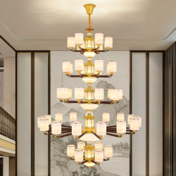 All-Copper Jade Large Chandelier for Duplex Living Room, New Chinese-Style Villa Staircase, Hollow Spiral Staircase, Self-Built House Lighting Fixtures