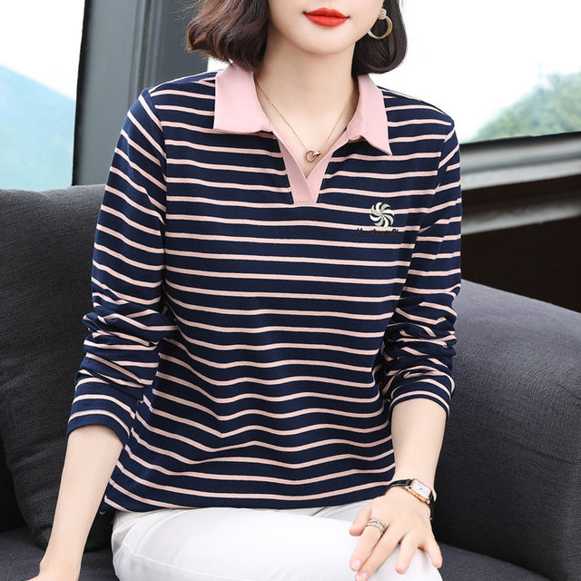 Mom Spring and Autumn Clothing 2025 new autumn clothes wear pure cotton long-sleeved T-shirt for women, middle-aged and elderly tops polo base shirt
