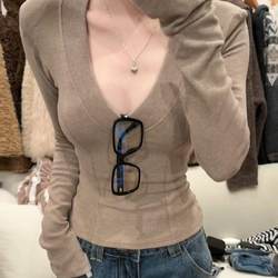 Purely Sensual Hot Girl Sexy V-Neck Base Shirt for Women, Autumn and Winter Brushed Warm Inner Layer with Fleece, Slim-Fit Long-Sleeve T-Shirt Top