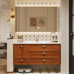 Medieval-Style Walnut and Teak Color Bathroom Cabinet with Integrated Ceramic Basin for Washing Hands and Face, Washbasin Cabinet Combination Vanity