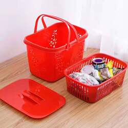 Household Plastic Supermarket Shopping Double-Layered Basket with Lid, Large Red Basket for Grocery Shopping, Fruit, Snacks, Storage, Picnic, and Portable Basket