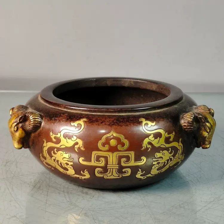 老件旧藏纯铜紫铜大明正德年制款事事如意狮头狮符大香炉摆件-Taobao 
