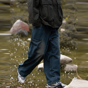 
Autumn large size retro loose distressed straight-leg washed jeans for boys and girls versatile blue workwear wide-leg pants