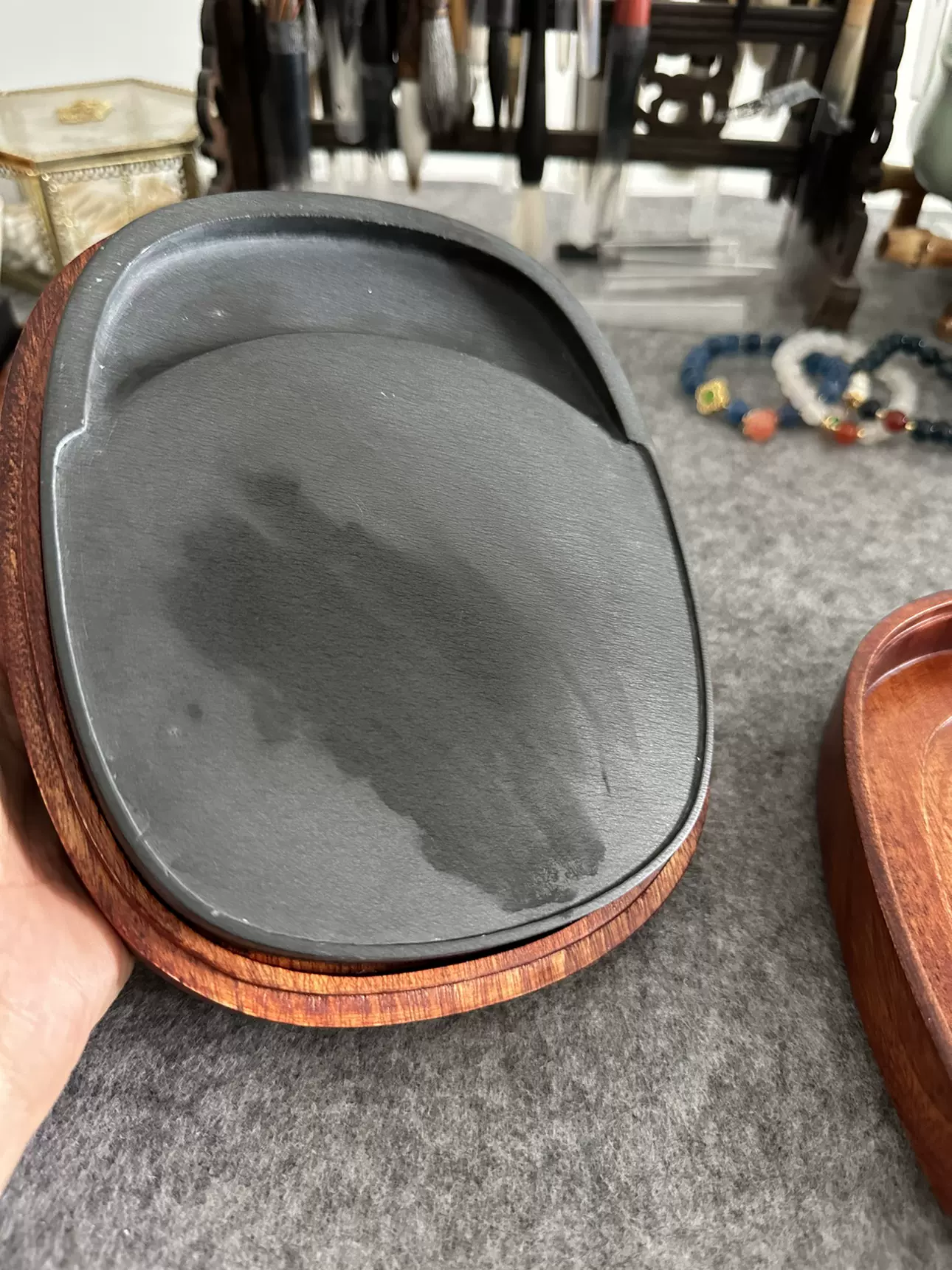 硯 歙州硯 歙硯 円硯 水波紋 本体12.9-1.7cm 箱付 中国硯 書道用品 美術品 端渓硯 茶道具