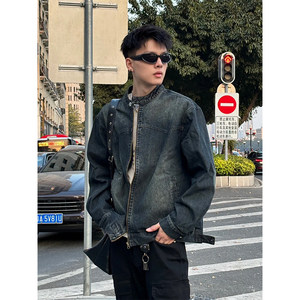 
American retro old washing loose denim jacket men 2025 autumn new trendy brand street motorcycle jacket women