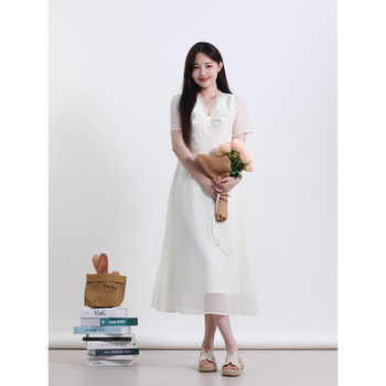 
Summer big size women's clothing, gentle temperament, waist-hugging, slimming, French elegant and sweet white dress, midi skirt