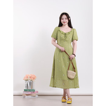 Summer big size women's clothing French embroidered lace collar dress Summer new style waist-hugging mid-length skirt