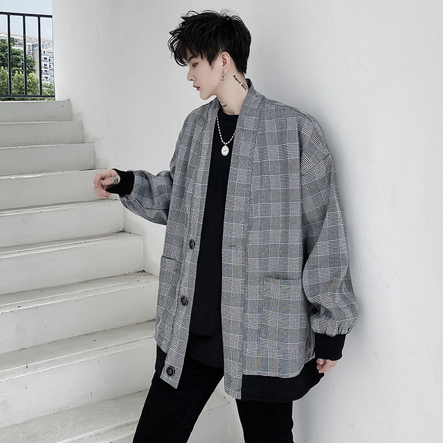 Autumn high-end jacket men's Korean style dropped shoulder sleeve plaid ...