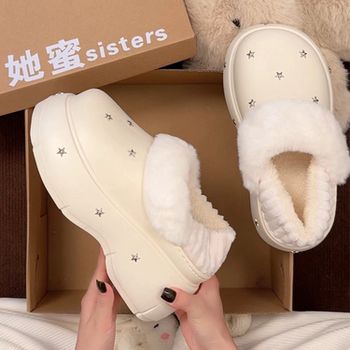 
Thick-soled Birkenstock shoes for women 2025 new autumn and winter outer wear plus velvet versatile warm cotton shoes one-leg toe-toe snow shoes