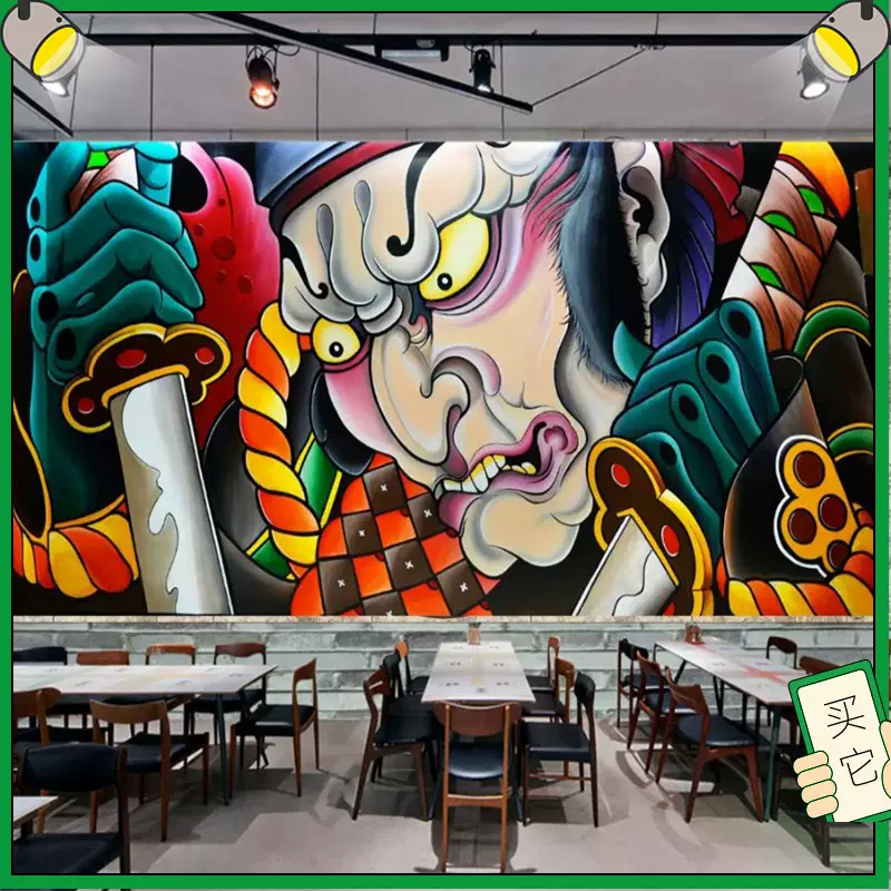 日式武士背景墙刺青工作室壁纸墙纸日本般若浮世绘纹身店