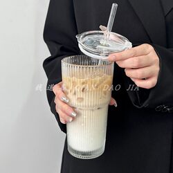 Large-Capacity Straw Cup with Lid, Vertical Striped Coffee Cup, Beverage Juice Cup, High-Value Women's Household Milk Tea Glass Cup