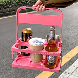 Pink Girly Camping Picnic Basket Foldable Beverage Beer Basket with Handle Coffee Milk Tea Portable Storage Basket
