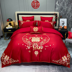 New Wedding Four-Piece Set in Bright Red, All-Cotton Embroidered Wedding Room Quilt Cover, Sixty-Eight-Piece Set of Pure Cotton Bedding