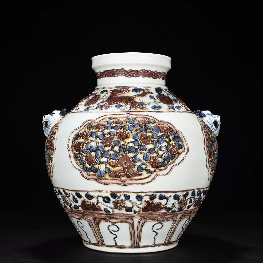 旧家蔵出『元 枢府釉浮彫花卉荷口蓋罐 共箱』 陶芸 中国陶瓷