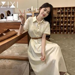 Polo Collar Short-Sleeved Dress for Women, Summer New Style, Waist-Cinching, Petite Long Dress, White Moonlight Shirt Dress