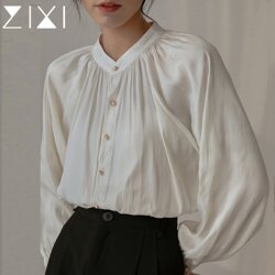 White Apricot Satin Lantern Sleeve Shirt for Women, Spring New Design, Niche Top, French Retro Stand Collar Shirt