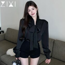 Black Satin Shirt for Women 2026 Spring French Style High-End Outfit Shirt Workplace Commute Bow Top