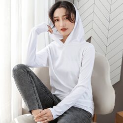 Pure Cotton Hooded T-Shirt for Women 2025 Spring and Autumn Black and White Loose Casual Fashion Top with Hood Base Shirt Trendy