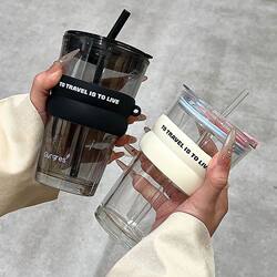 Light Luxury Double-Drink Coffee Cup, Straw Cup, Glass Cup, High Aesthetic Value, Office Use, High Temperature Resistant, Unisex Water Cup, Anti-Scald