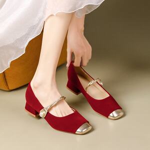 
New French style beautiful Mary Jane wedding shoes bridal shoes Hexiu wedding dress two-wear single shoes for women red high heels low heels