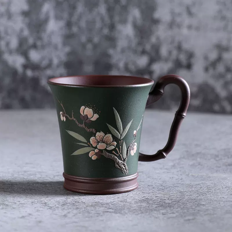 暖暖精品茶器紫砂茶杯品茗杯客杯梅霞款竹节粉浆手绘桃花
