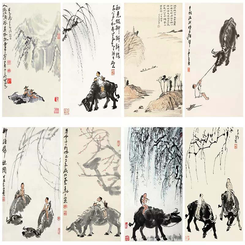 中国古美術・純手描き牧牛図三尺画芯・水墨画・李可染印款・書道品