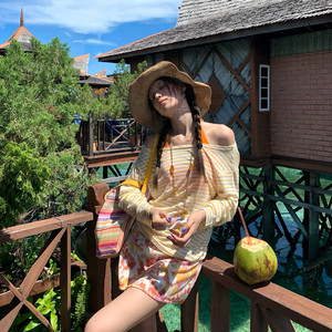 
Orange soda swimsuit girl sweet split four-piece striped cover-up short skirt sexy bikini seaside vacation