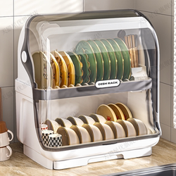 Kitchen Multifunctional Dish Rack with Cover, Double-Layer Storage Rack for Tableware, Bowls, and Plates, Plastic Dish Cabinet