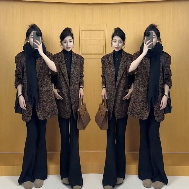 2024 Autumn New European High-end Retro Leopard Print Suit Jacket Women's Loose Casual and Versatile Suit Top