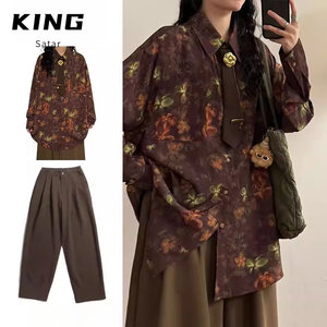 
Three-piece set/American retro floral all-over printed loose casual long-sleeved shirt for boys and girls in spring vintage style suit