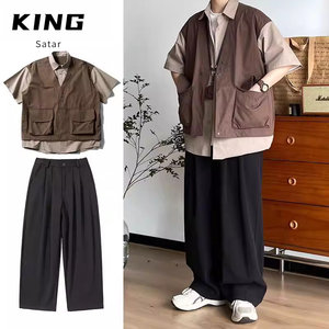 
Two-piece set/Japanese retro splicing fake two-piece workwear short-sleeved shirt for boys and girls in spring and summer versatile shirt set