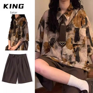 
Two-piece set/Japanese retro ink smudged print artistic men's and women's summer short-sleeved floral shirt casual suit