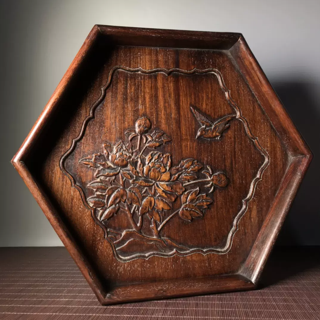 古玩木器收藏珍藏花梨木雕刻花开富贵六角盘子托盘茶盘实木盘子-Taobao