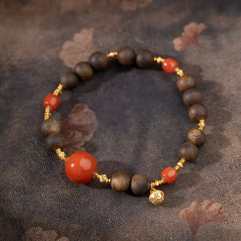 非遺文創原創鶯歌綠奇楠沉香7mm南紅鈴鐺單圈