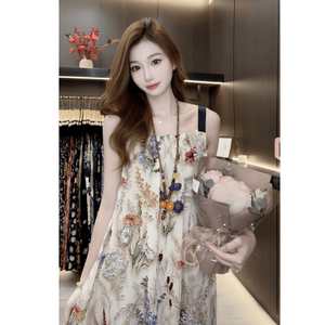 
Light luxury loose suspender mid-length skirt printed 2026 women's new summer large size A-line skirt fashion dress