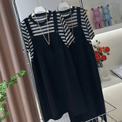 Striped Slimming Fake Two-Piece Short-Sleeved Dress New Summer Loose Korean Style Fashion Splicing Large Size Mid-Length Skirt for Women