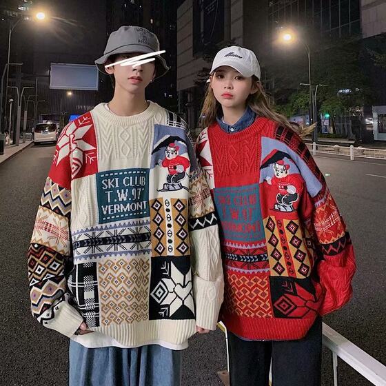 Couples in autumn and winter INS super fire Christmas bear sweater female Korean version of lazy style loose sweater outside the tide