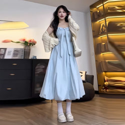 Plus-Size Bow-Tie Suspender Dress for Women, Autumn and Winter, Slimming Waist, Petite, Niche Style, Atmospheric Long Dress