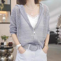 Plus-Size Designer Zip-Up Hollow-Out Long-Sleeve Hooded Knit Cardigan for Women, 2026 Summer Fashion Casual Hooded Sweater