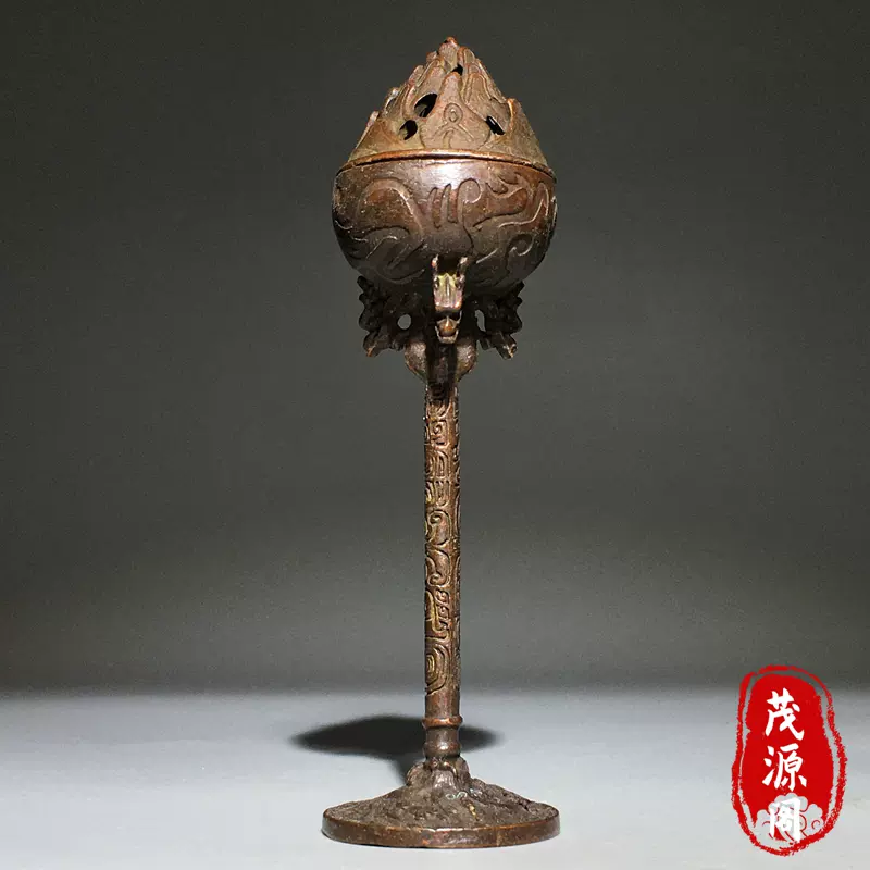 紫铜双兽耳三足鼎香薰空狮子盖宣德老铜炉造型精美包浆老铜器摆件