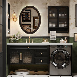 Balcony Washing Machine Integrated Cabinet, French-Style Solid Wood Bathroom Vanity, Wash Basin, Rock Slab Seamless Hot-Bent Basin