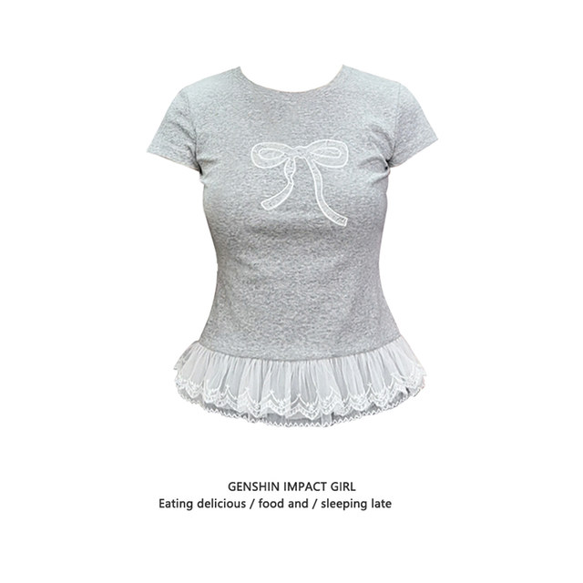 Gray embroidered lace bow short-sleeved T-shirt for women in summer new round neck slim slim short chic top