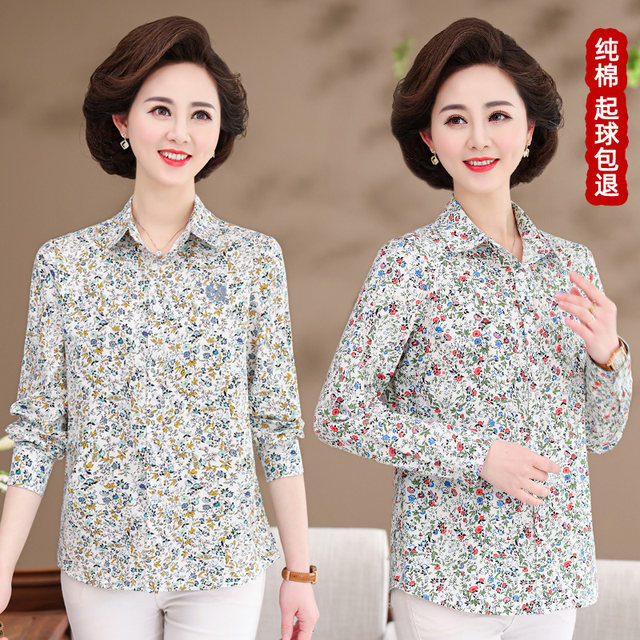 Middle-aged and elderly mothers wear pure cotton shirt for women long-sleeved cotton clothes for spring and autumn middle-aged mother-in-law top loose shirt fashionable
