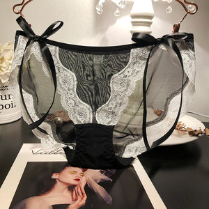 Net yarn breathable black bow low waist girl student briefs cute
