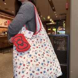 2025 New Kt Red Bow Shopping Bag Folding Storage Environmentally Friendly Bag Kt Full Print Shoulder Hand Tote Bag