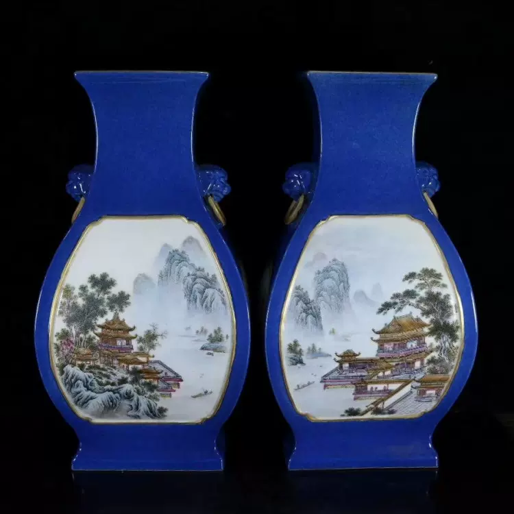 清・乾隆年製款・古陶磁器・霽藍釉開窗山水楼閣紋四方