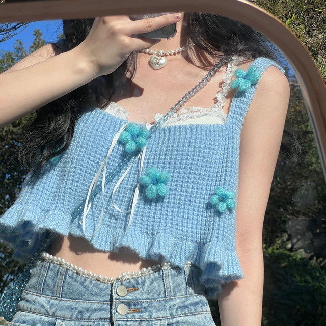 Japanese sweet pure desire wind tops overlap in summer knitted sling niche design cute flower sweater vest women